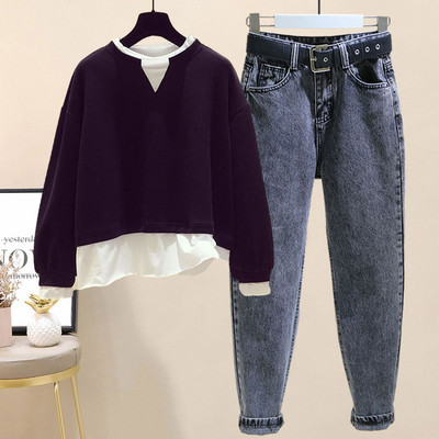 Vabaaja komplekt naiste pluusi ja teksapükse koos vööga