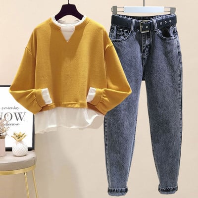 Vabaaja komplekt naiste pluusi ja teksapükse koos vööga