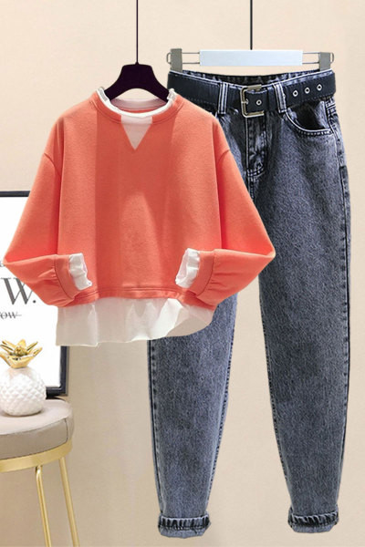 Vabaaja komplekt naiste pluusi ja teksapükse koos vööga