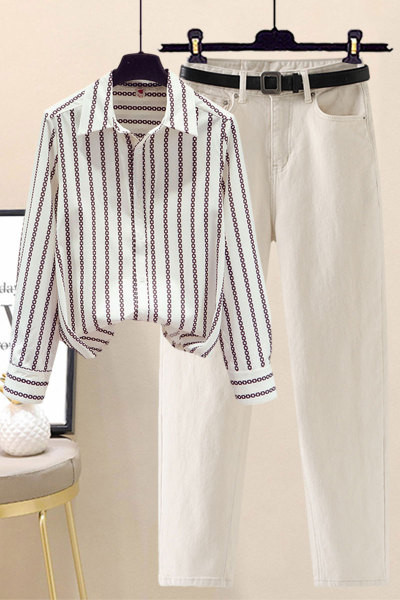 Valge triibulise särgi ja teksade komplekt