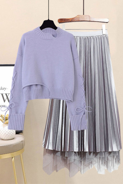 Пролетно - есенен сет от пуловер и плисирана пола