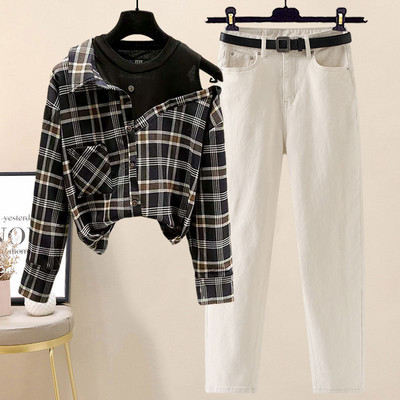 Νέο μοντέλο γυναικείο σετ - καρό πουκάμισο και τζιν