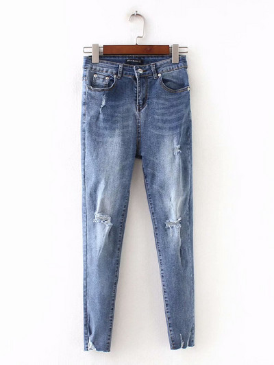 Дамски вталени дънки с висока талия и скъсани мотиви