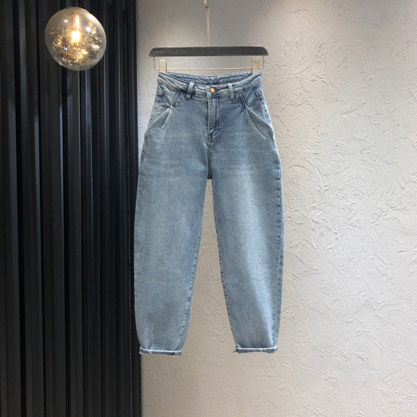 Дамски дънки широк модел в син цвят с висока талия