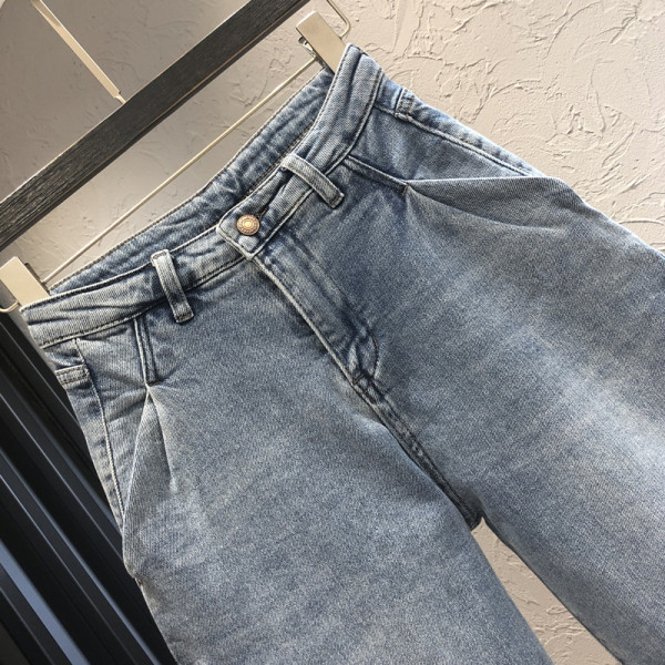 Дамски дънки широк модел в син цвят с висока талия