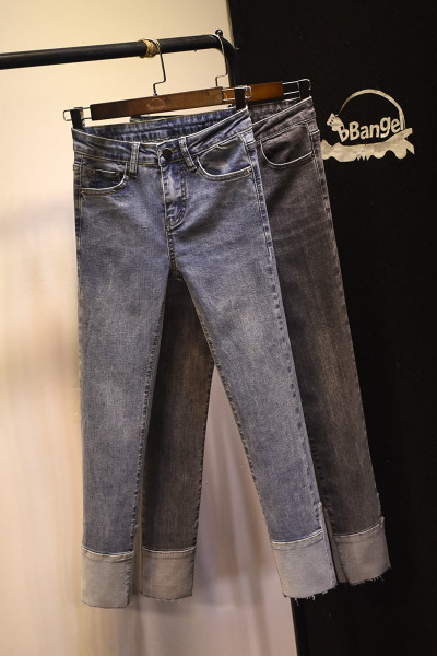 Naiste teksad Slim mudel kõrge vöökohaga sinine ja hall