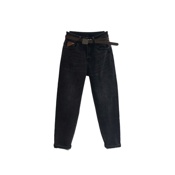 Дамски дънки в черен цвят с колан и висока талия