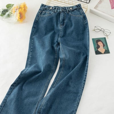 Platus moteriškų ilgų džinsų su sagomis modelis