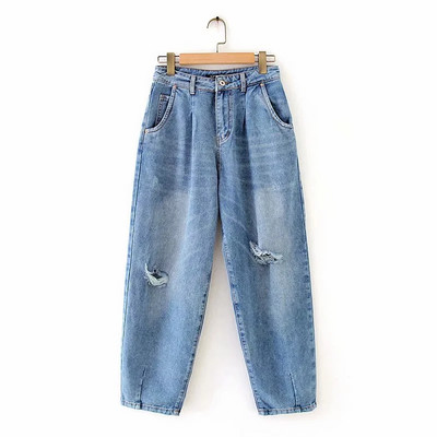 Φαρδύ μοντέλο καλοκαιρινά τζιν με ψηλή μέση και σκισμένα μοτίβα