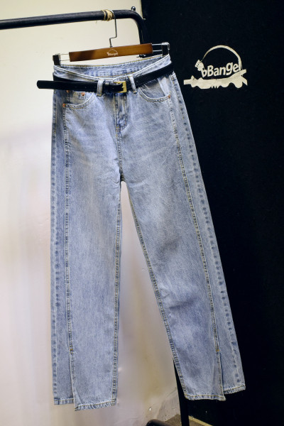 Naiste teksapükste sirge kõrge vöökohaga mudel - sinine