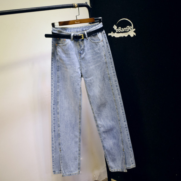 Naiste teksapükste sirge kõrge vöökohaga mudel - sinine