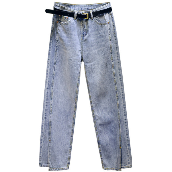 Naiste teksapükste sirge kõrge vöökohaga mudel - sinine