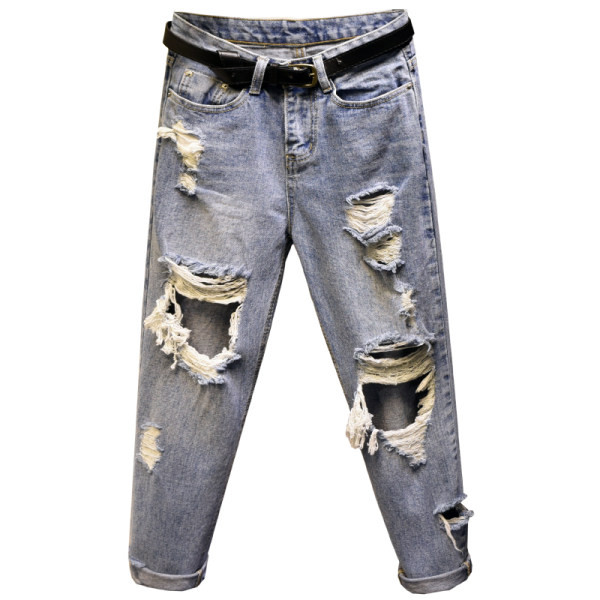 Široke ženske traperice - s visokim strukom i poderanim motivima