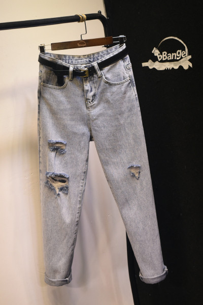 Uus kõrge vöökoha ja rebenenud motiividega naiste vabaaja teksapükste mudel