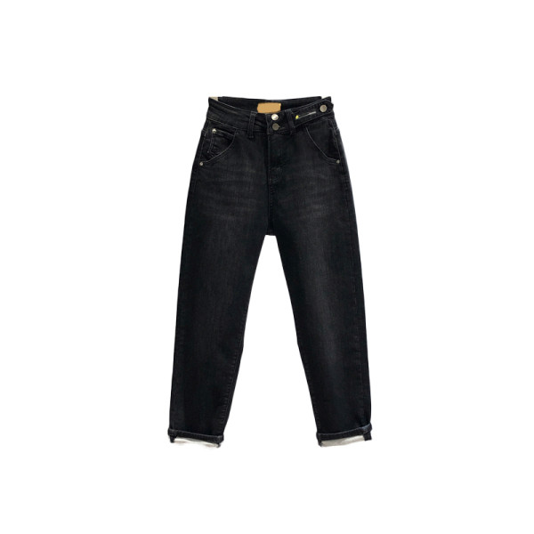 Дамски ежедневни дънки с джобове и копче в черен цвят