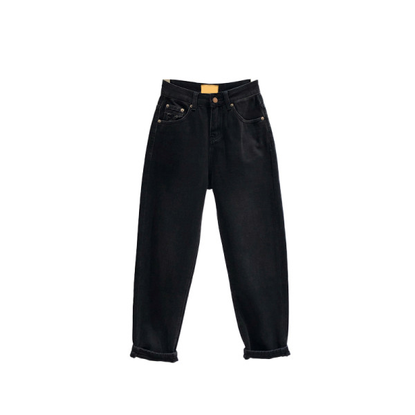 Lihtne kõrge vöökohaga musta värvi naiste teksapükste mudel