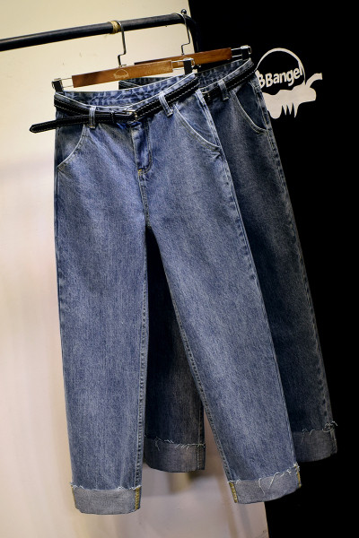 Γυναικείο τζιν ίσιο μοντέλο με τσέπες - μπλε και γκρι χρώμα