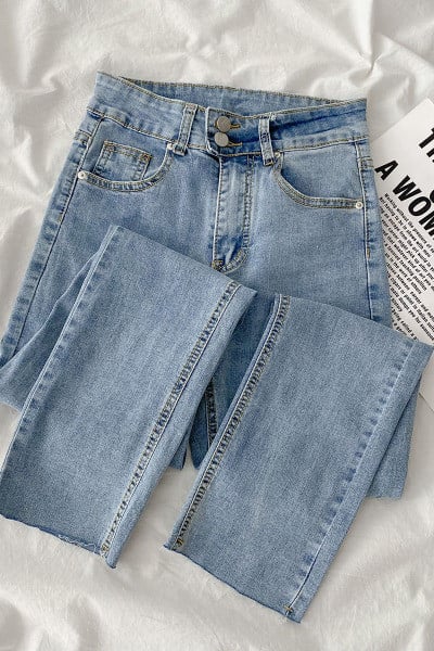 Moodne naiste teksapükste sirge taskutega mudel