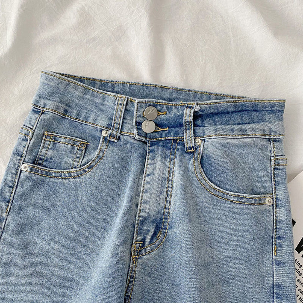 Moodne naiste teksapükste sirge taskutega mudel