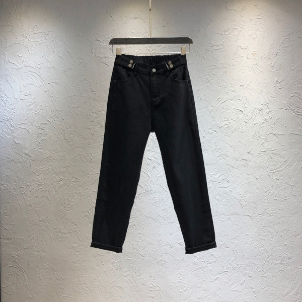 Blugi casual de dama cu talie inalta si buzunare in alb si negru