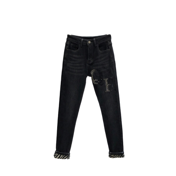 Дамски дънки в черен цвят с джоб и висока талия