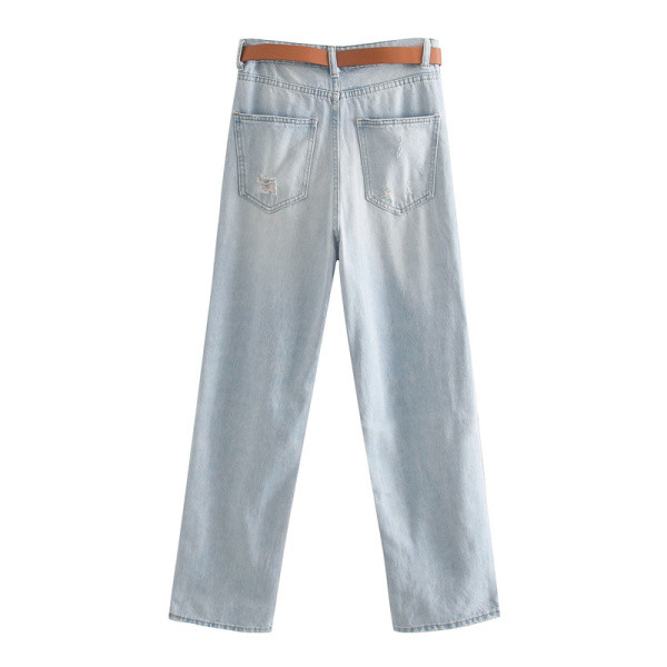 Тънки летни дънки с колан и скъсани мотиви