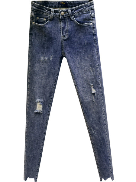 Sinise ja halli värvi rebenenud motiividega elastsed naiste teksad