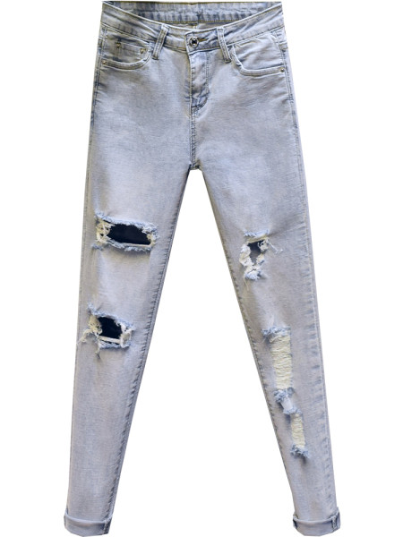 Ежедневни дамски дънки с висока талия и скъсани мотиви - син цвят