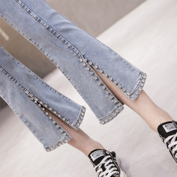 Дамски дънки с цепка и камъни - 7/8 дължина