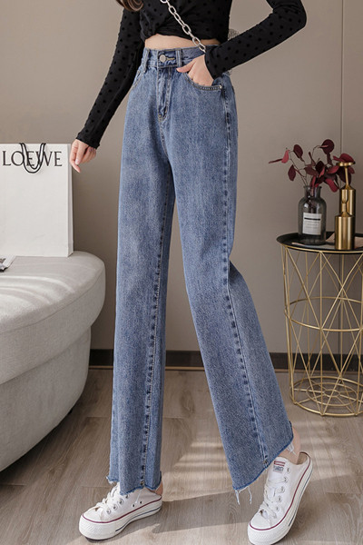 Sinist värvi pikad naiste teksad - sirge mudel