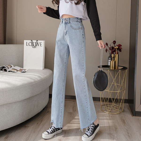 Sinist värvi pikad naiste teksad - sirge mudel