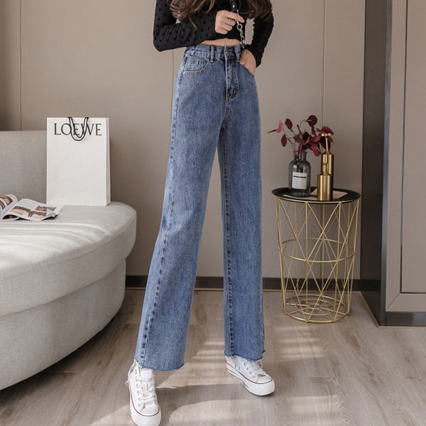 Sinist värvi pikad naiste teksad - sirge mudel