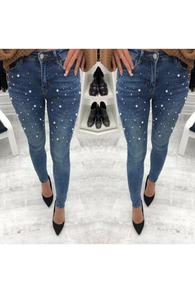 Μοντέρνα γυναικεία τζιν με πέρλες διακόσμηση