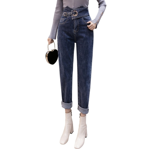 Naiste kõrge vöö ja vööga teksad - sinist värvi