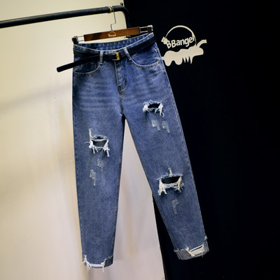 Ежедневни дамски дънки със скъсани мотиви широк модел