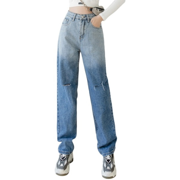 Широки дамски дънки със скъсани мотиви 