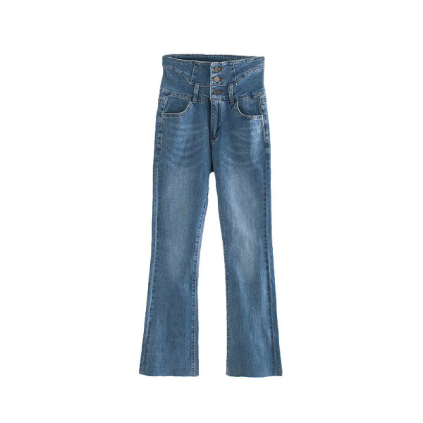 Naiste kõrge vöökoha ja nööpidega retrostiilis teksad