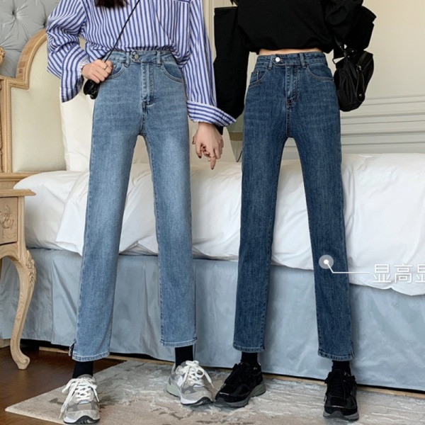 Moodsad nööbi ja kõrge vöökohaga naiste teksad