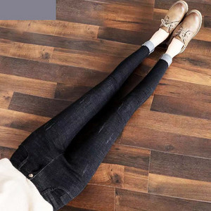 Blugi de dama toamna-iarna cu talie inalta si captuseala moale in gri si negru