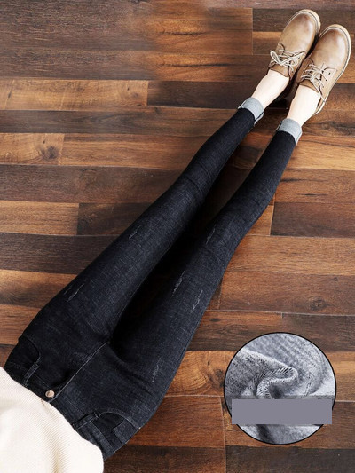 Blugi de dama toamna-iarna cu talie inalta si captuseala moale in gri si negru