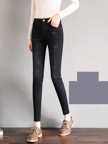 Blugi de dama toamna-iarna cu talie inalta si captuseala moale in gri si negru