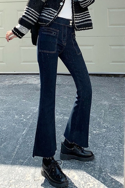 Дамски дънки с висока  талия и джобове