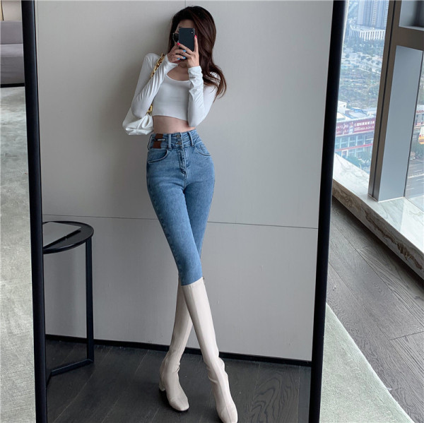 Sinised kõrge vöökohaga naiste pikad teksad