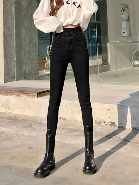 Γυναικεία ελαστικά τζιν με υψηλή μέση σε γκρι και μαύρο χρώμα