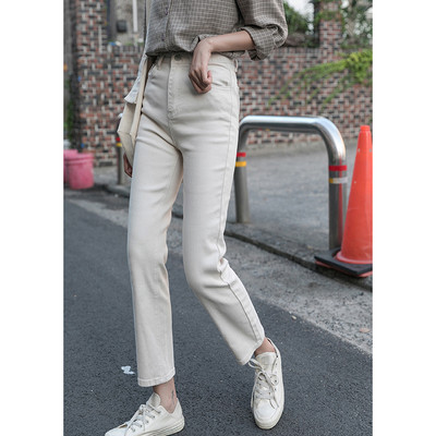 Дамски ежедневни дънки прав модел в бежов цвят