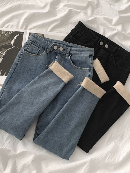 Naujo modelio moteriški džinsai su šiltu pamušalu ir aukštu juosmeniu