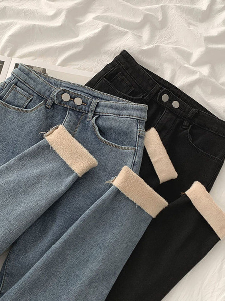 Naujo modelio moteriški džinsai su šiltu pamušalu ir aukštu juosmeniu