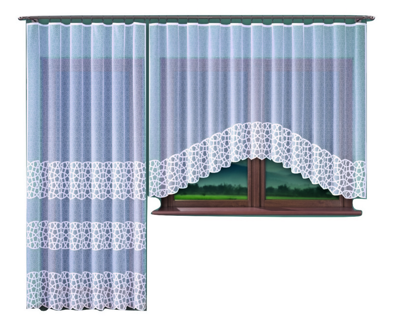 Комплект 2 готови пердета за прозорец и врата дантела с пришита ширит лента, Wisan, 300 x 160 cm + 150 x 250 cm, 100 % Полиестер, Бял цвят