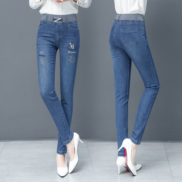 Дамски дънки с апликация и ластична талия