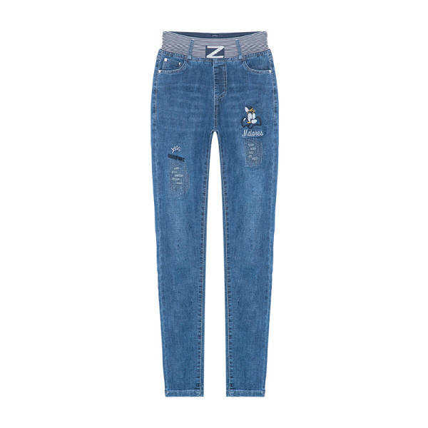 Дамски дънки с апликация и ластична талия